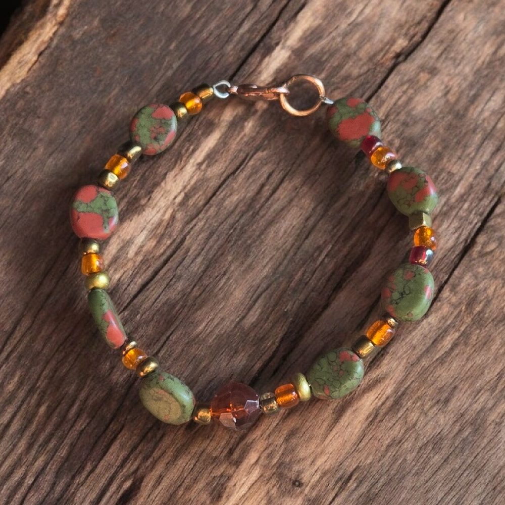Unakite Oval Bead Bracelet with Orange & Gold Accents – Handmade Gemstone